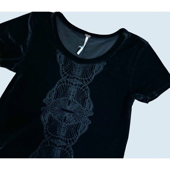 FREE PEOPLE Black Velvet Sheer Detail Baby Doll T Shirt Tee Top Size Small - Picture 3 of 6
